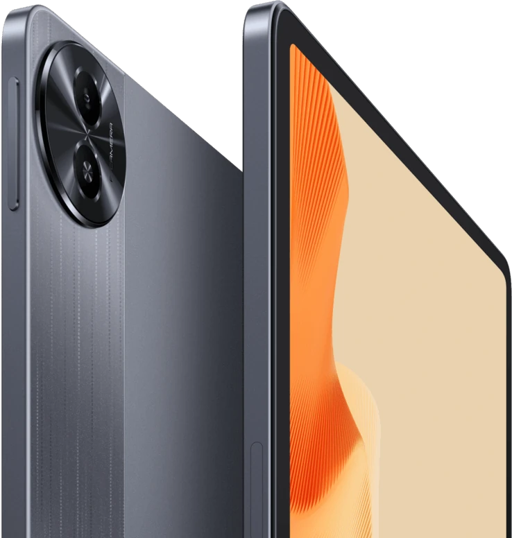 realme Pad 2 · Perspectiva de pantalla y trasera, acabado gris