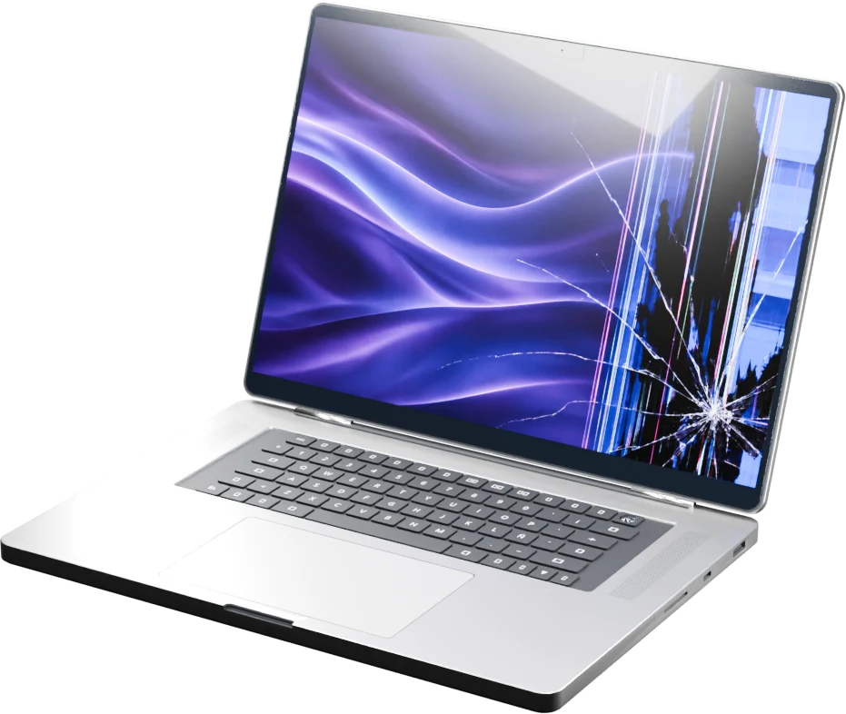 MacBook abierto con una pantalla rota