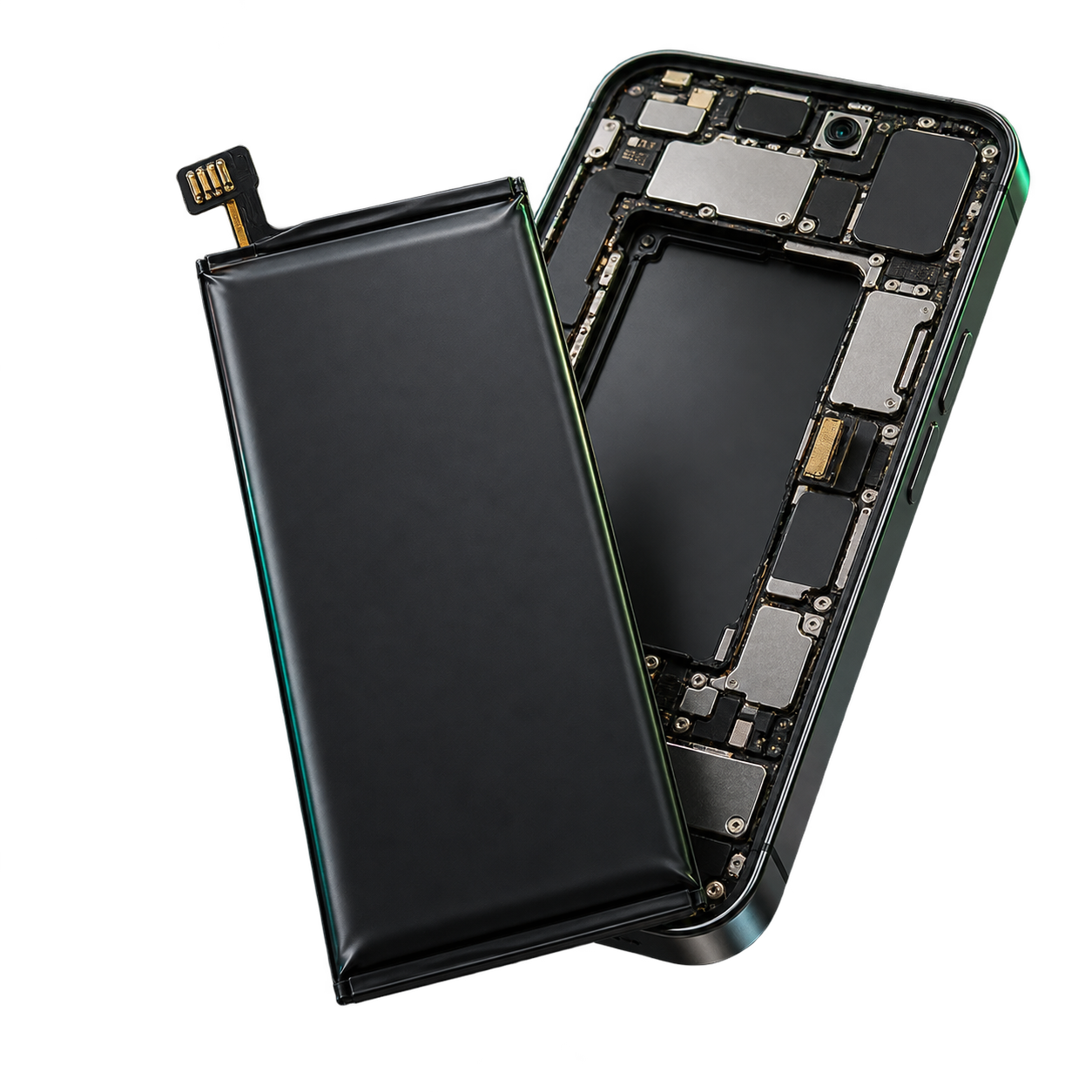 Batería negra extraída junto al interior de un teléfono