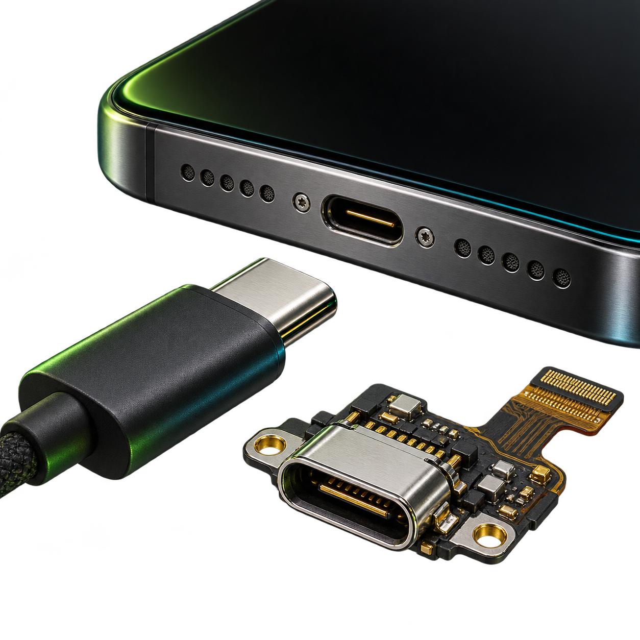 Conector USB-C, cable y módulo de carga con contactos dorados